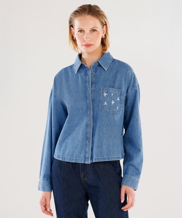  YARGICI Nakışlı Detaylı Uzun Kollu Denim Gömlek