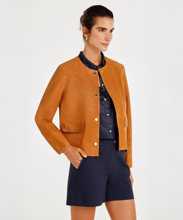  Yakasız Cep Detaylı Süet Ceket