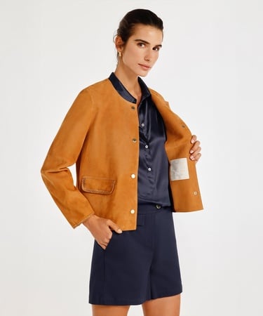  Yakasız Cep Detaylı Süet Ceket