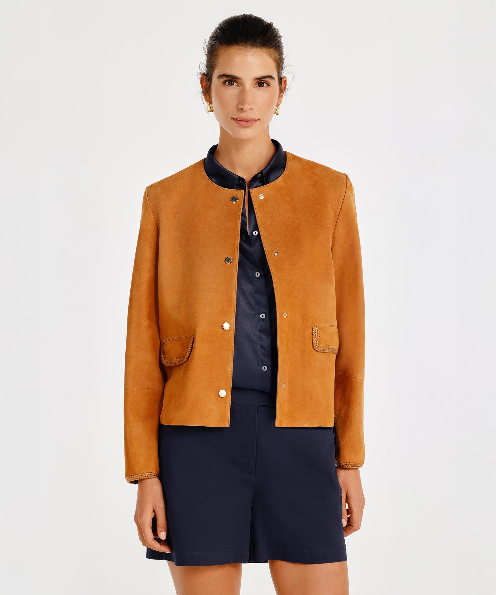  Yakasız Cep Detaylı Süet Ceket