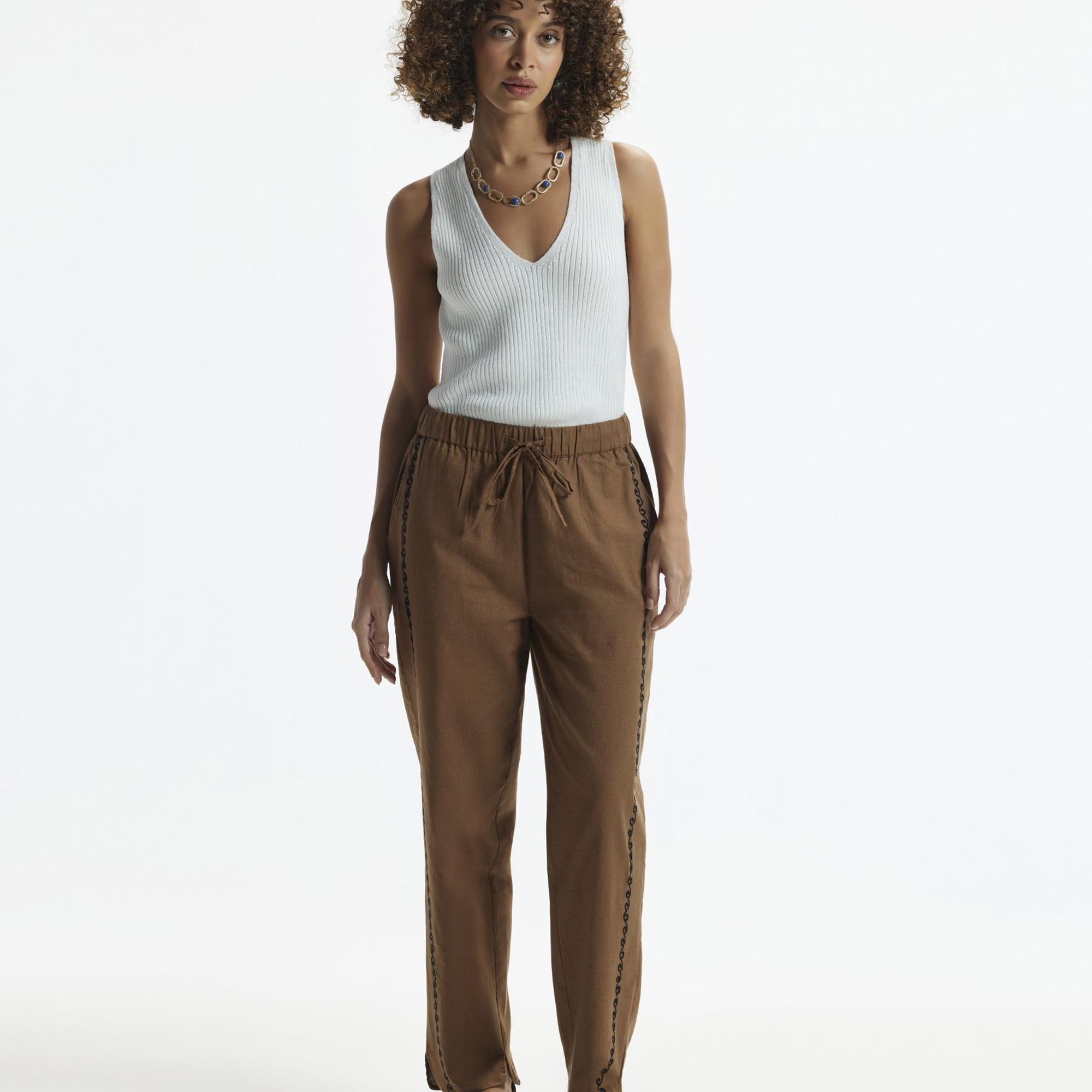 YARGICI Beli Lastikli  Nakış Detaylı Pantolon