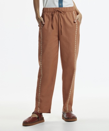  YARGICI Beli Lastikli  Nakış Detaylı Pantolon