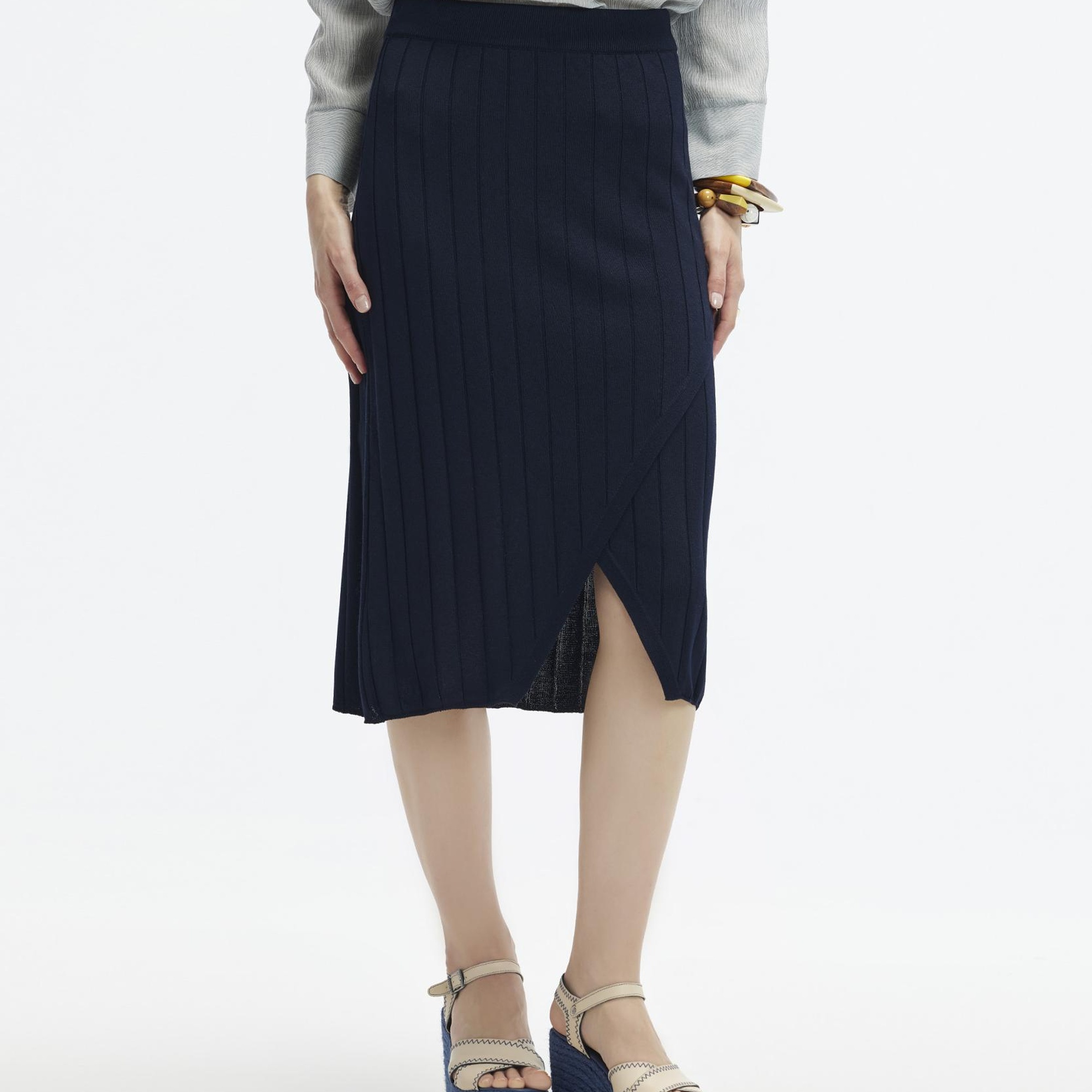 YARGICI Yırtmaçlı Dizaltı Triko Etek