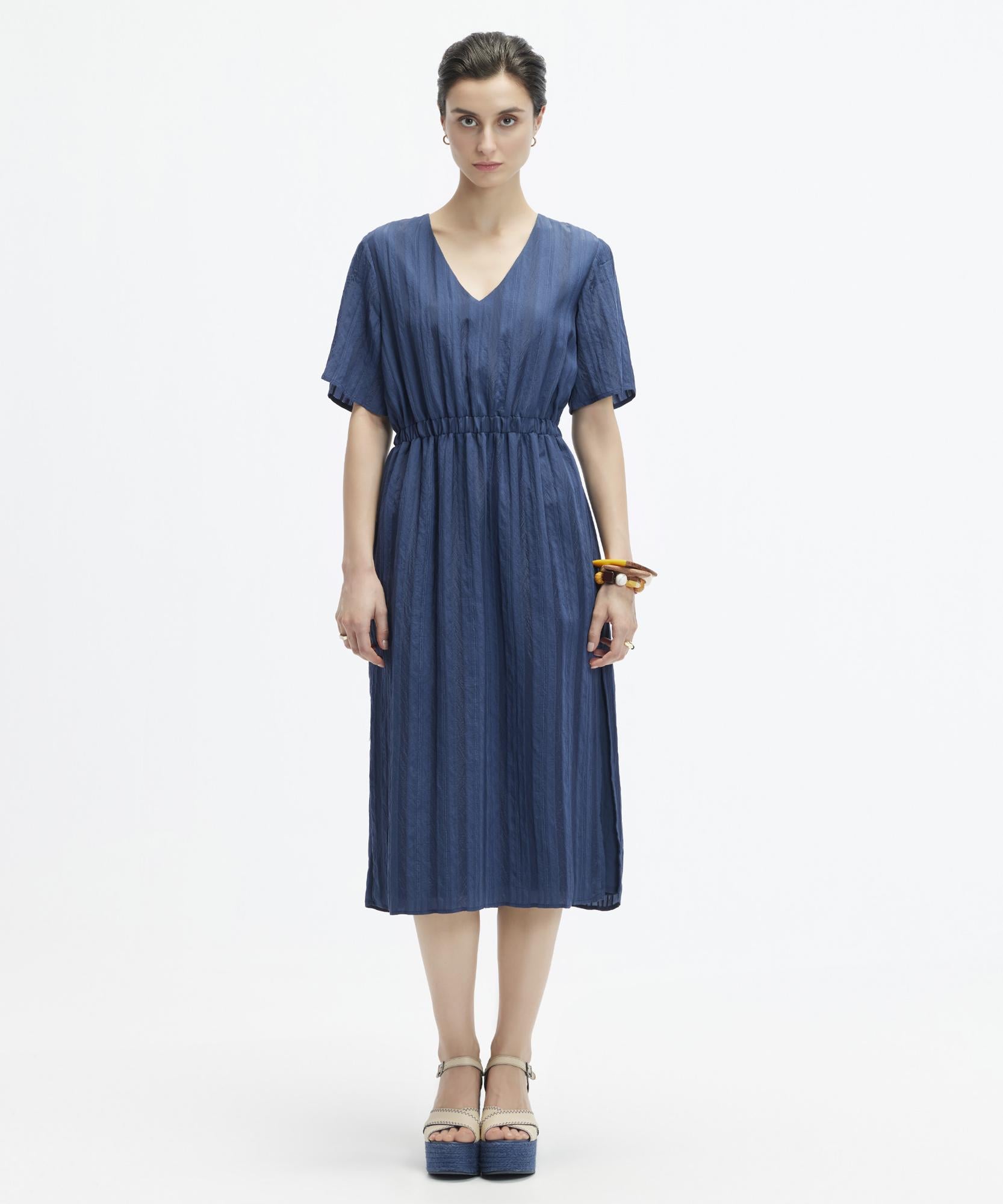  YARGICI V Yaka Kısa Kollu Midi Boy  Elbise