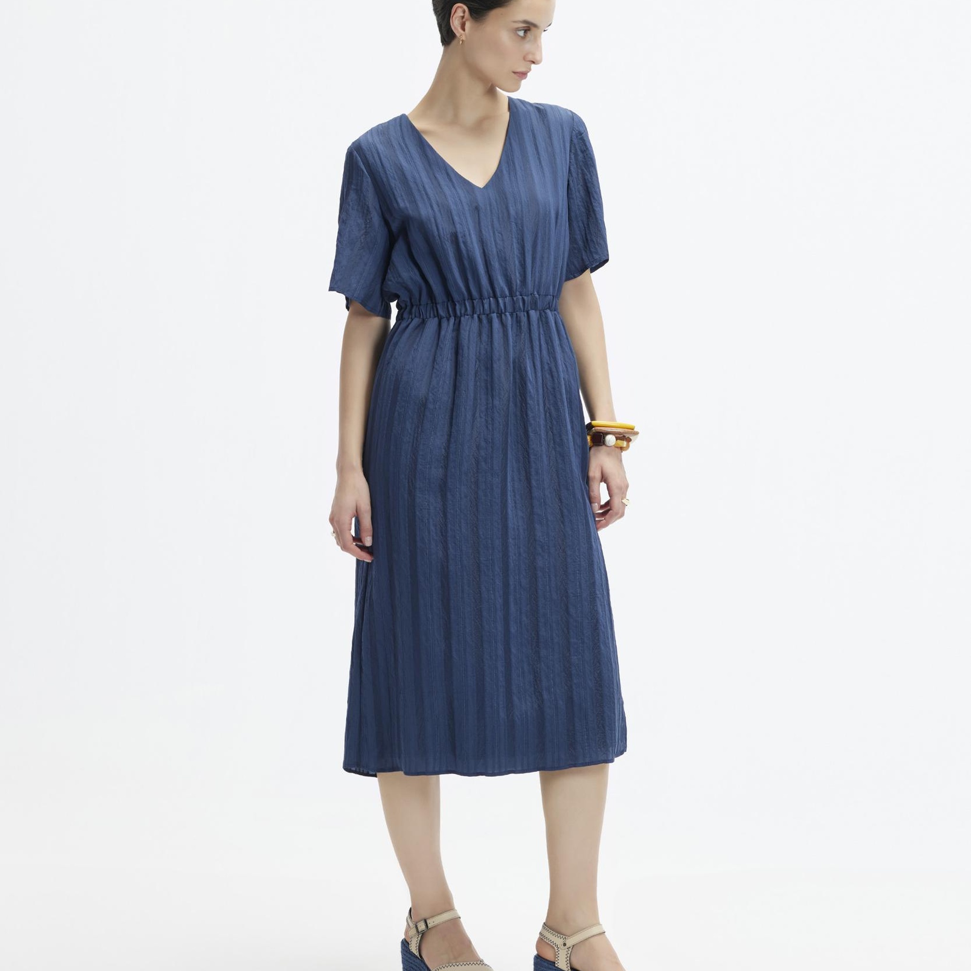 YARGICI V Yaka Kısa Kollu Midi Boy  Elbise