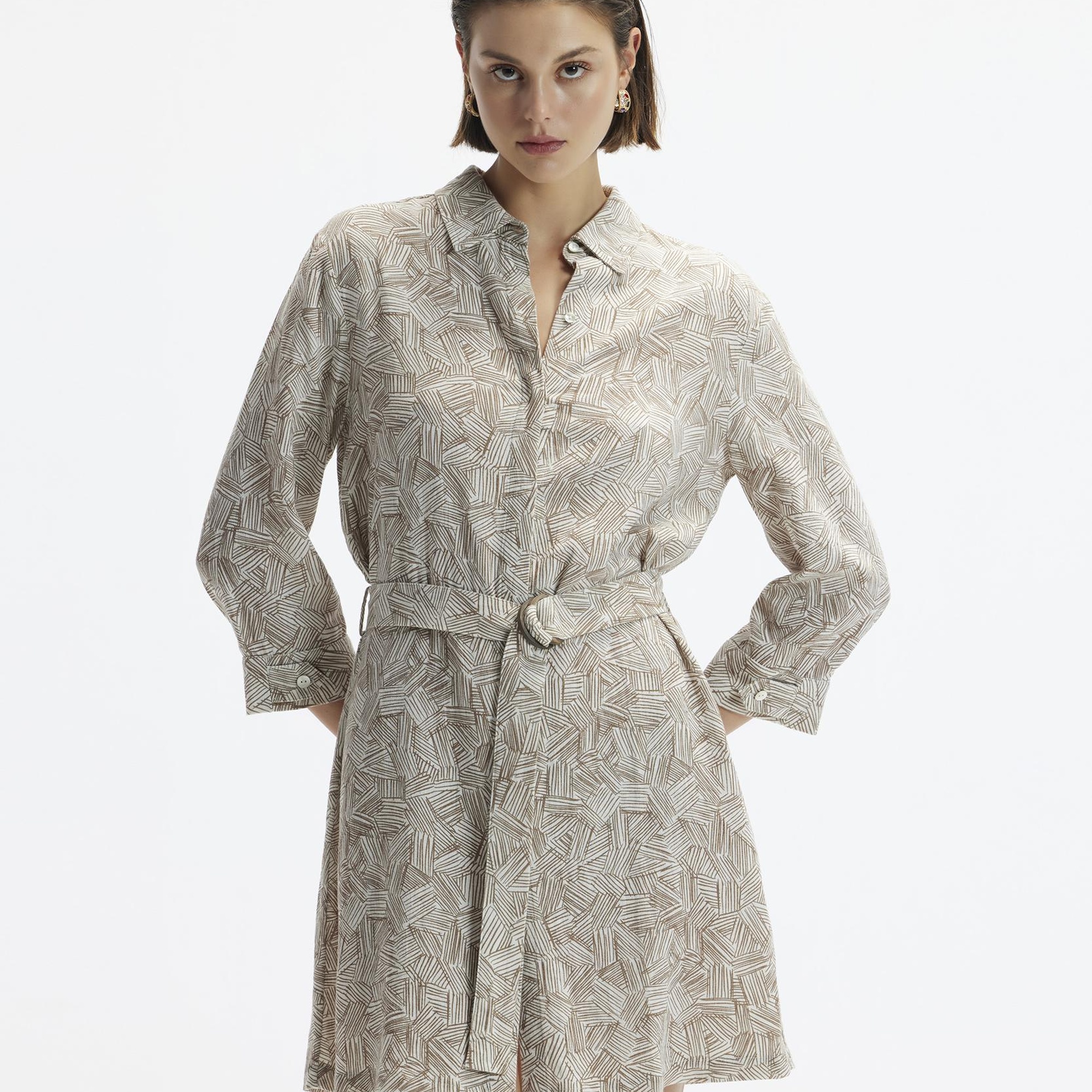 YARGICI Uzun Kollu  Kemerli Kısa Gömlek Elbise