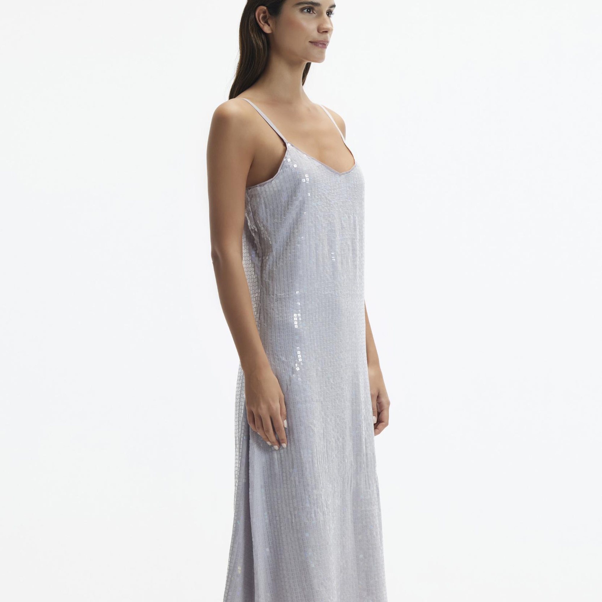 YARGICI V Yaka Pullu Askılı Midi Boy Elbise