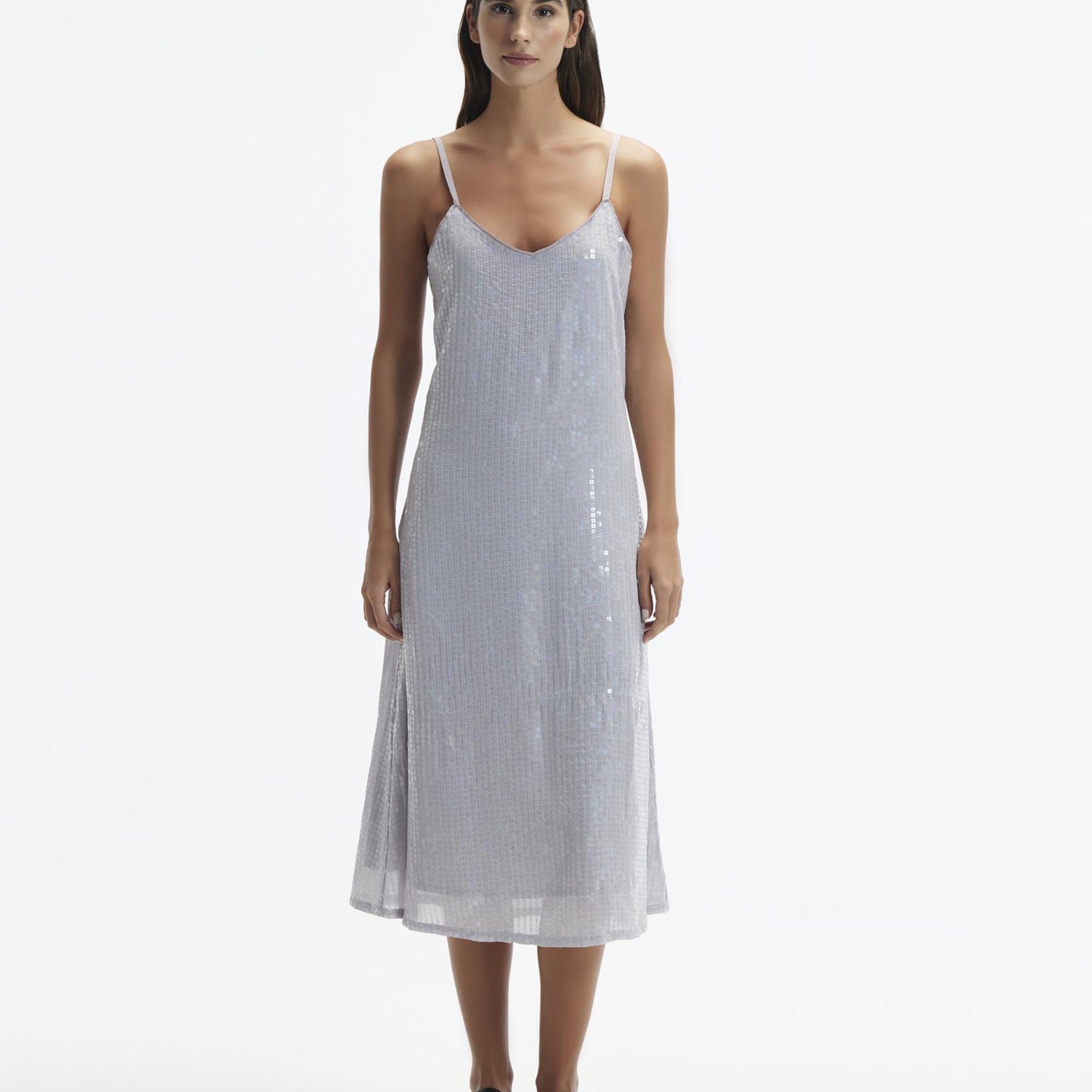 YARGICI V Yaka Pullu Askılı Midi Boy Elbise