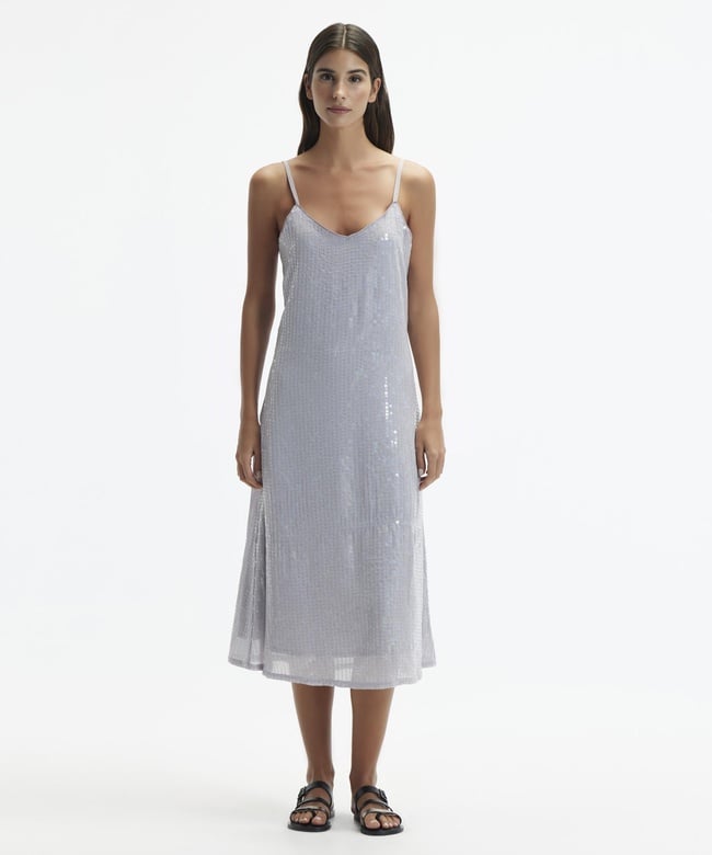  YARGICI V Yaka Pullu Askılı Midi Boy Elbise