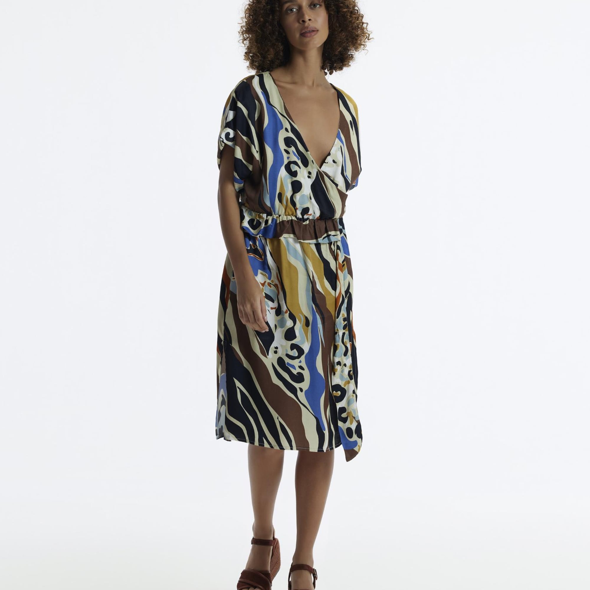 YARGICI V Yaka Kısa  Kollu Midi Boy  Elbise