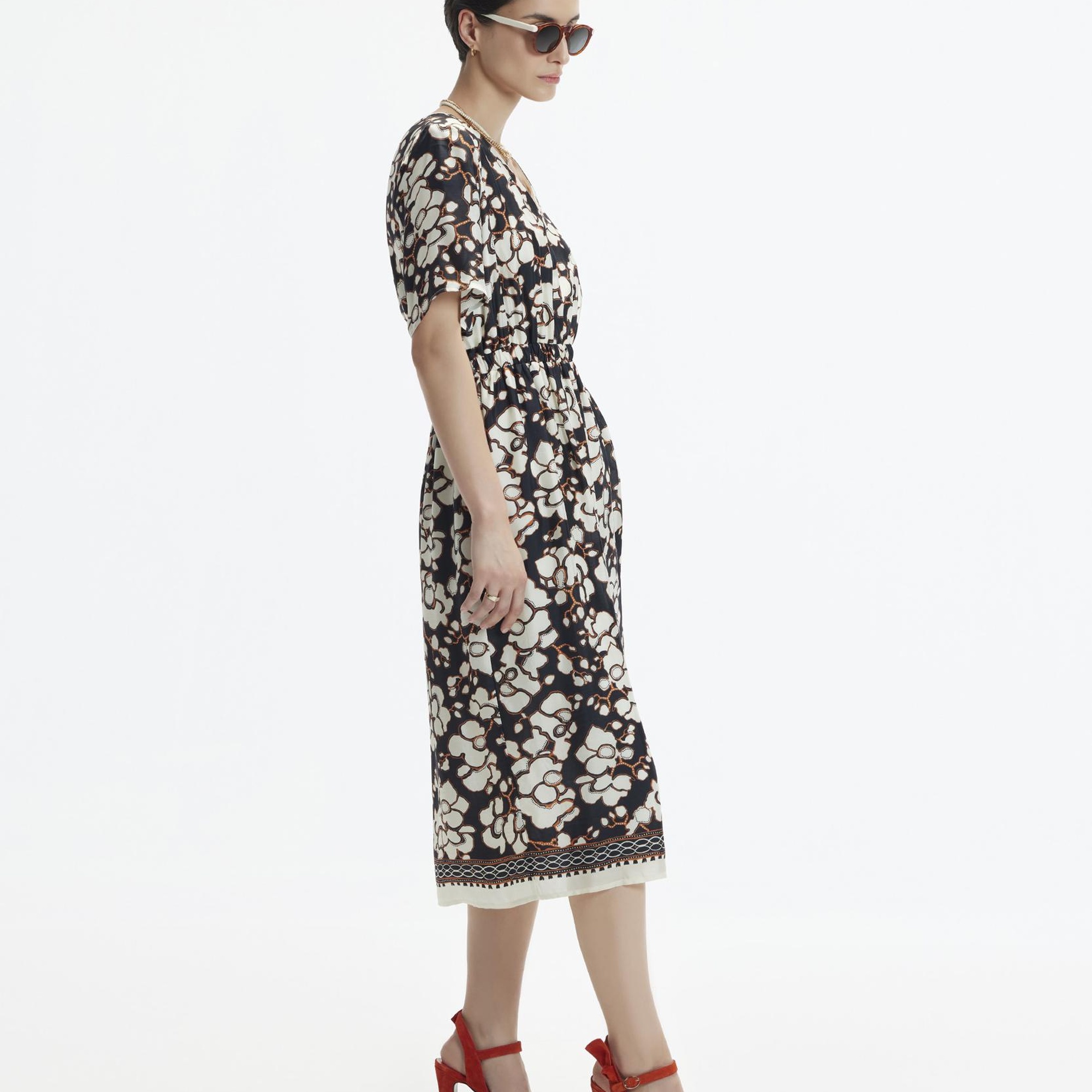 YARGICI V Yaka Kısa Kollu Midi Boy  Elbise