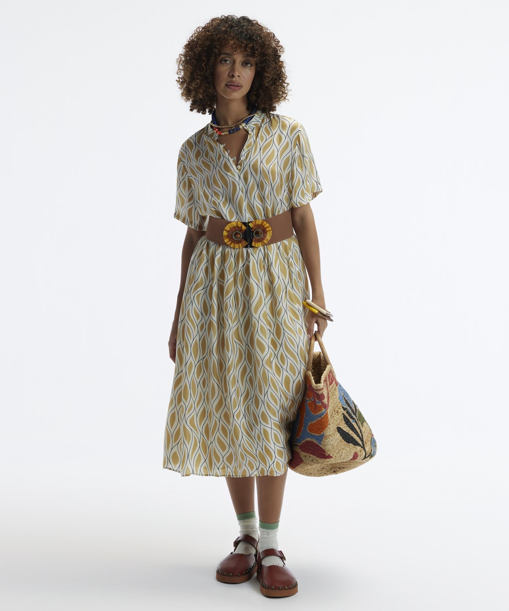  YARGICI Kısa Kollu Düğmeli Midi Boy Elbise