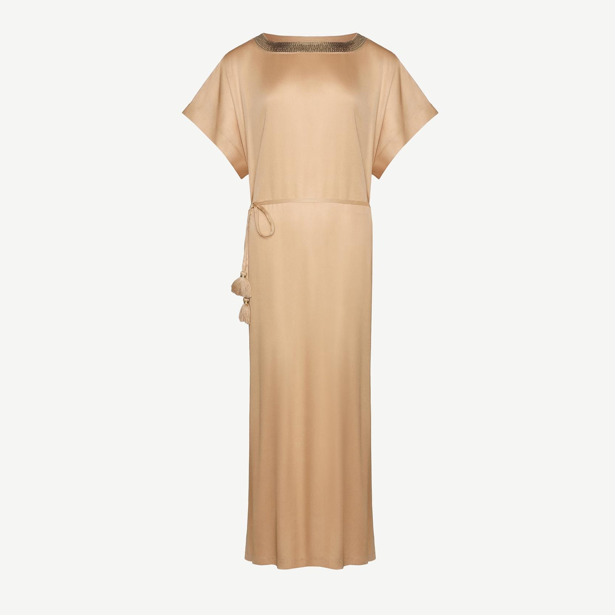 YARGICI Kısa Kollu Yakası Pullu  Düz Kesim Uzun Elbise