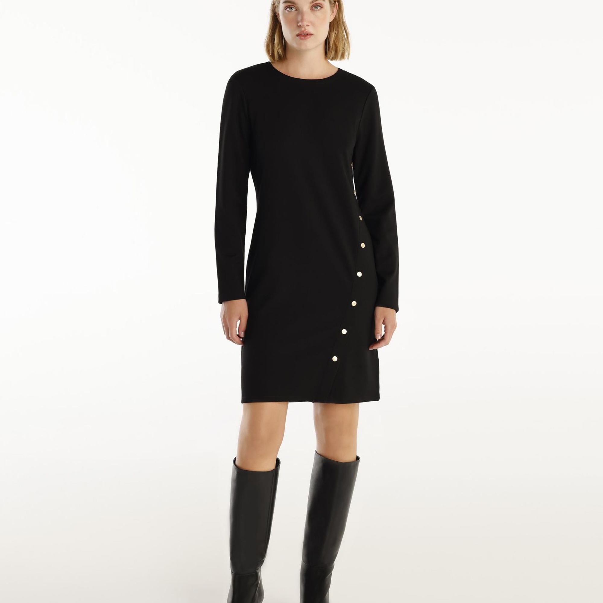 YARGICI Düğme Detaylı Uzun Kollu Bisiklet Yaka Kısa Elbise