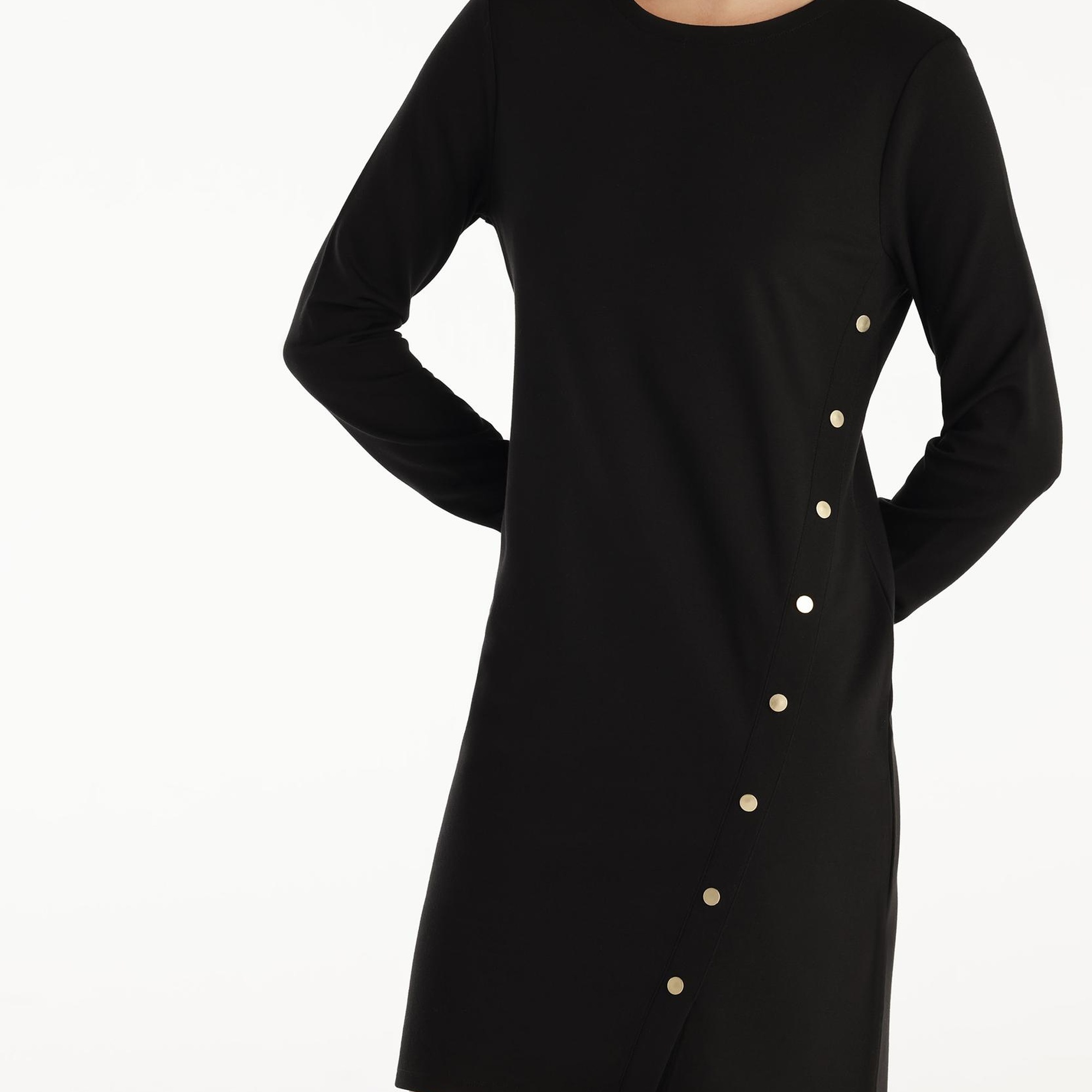 YARGICI Düğme Detaylı Uzun Kollu Bisiklet Yaka Kısa Elbise