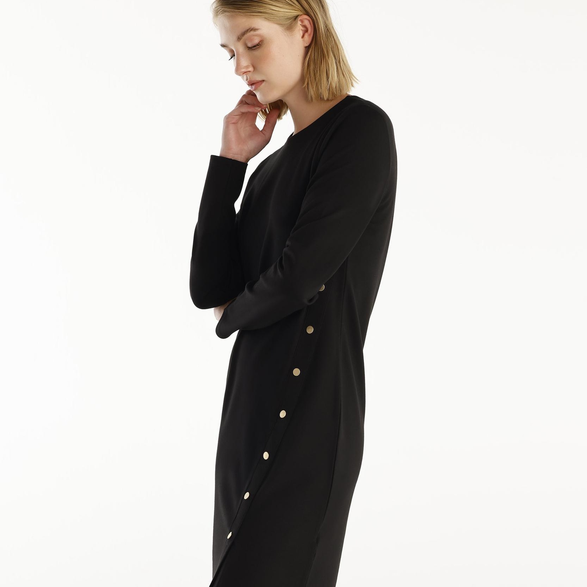 YARGICI Düğme Detaylı Uzun Kollu Bisiklet Yaka Kısa Elbise