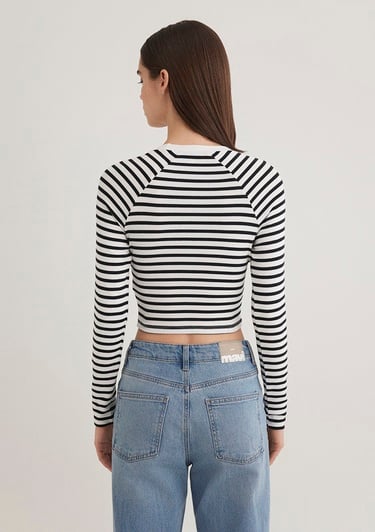 Mavi Uzun Kollu Çizgili Crop Basic Tişört Crop / Kısa Kesim 1613041-85586