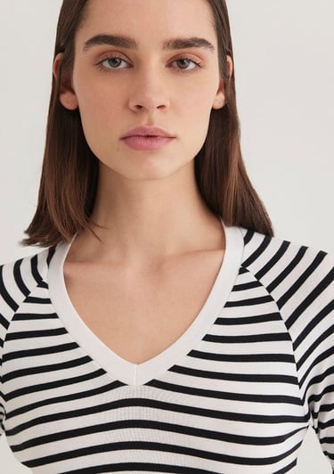  Mavi Uzun Kollu Çizgili Crop Basic Tişört Crop / Kısa Kesim 1613041-85586