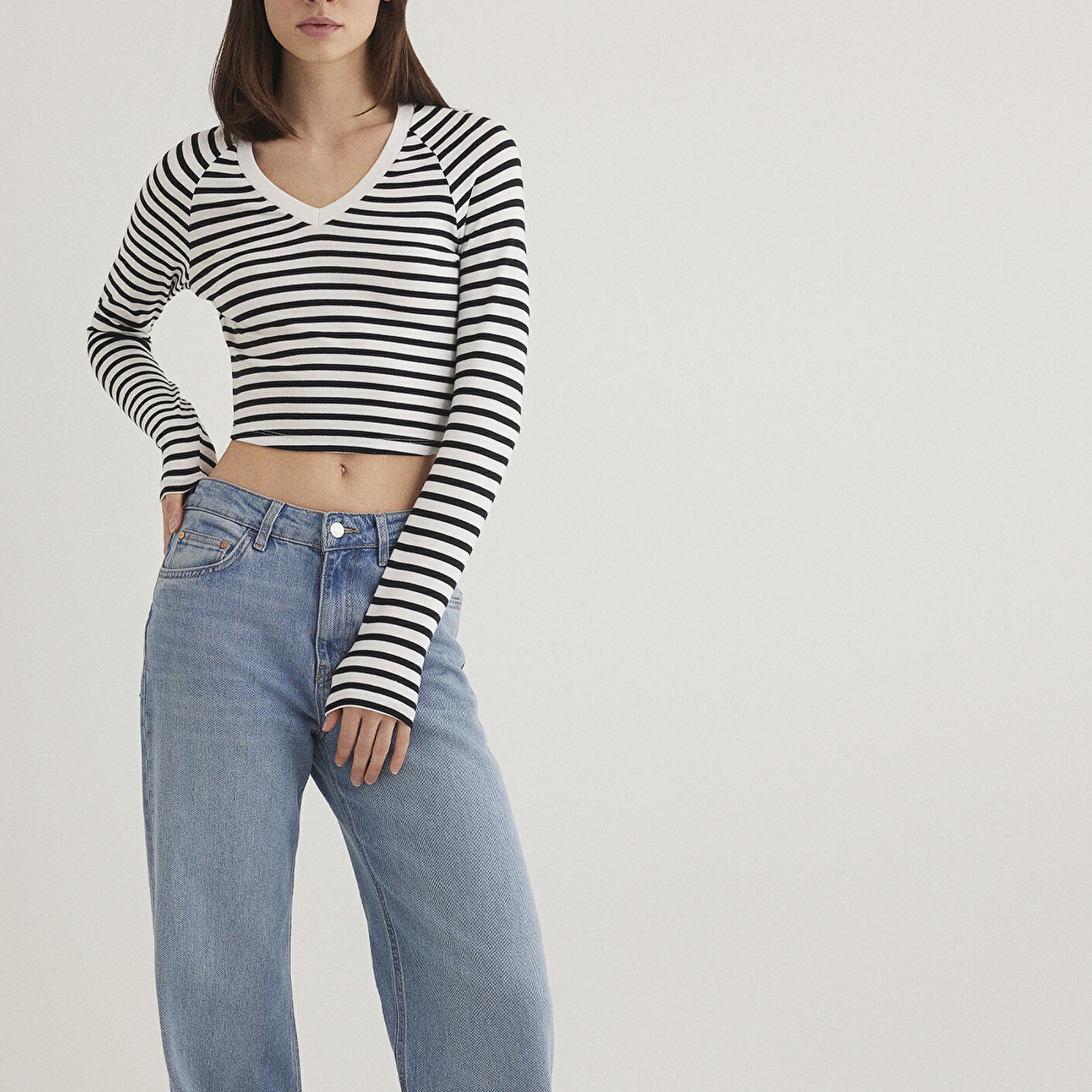 Mavi Uzun Kollu Çizgili Crop Basic Tişört Crop / Kısa Kesim 1613041-85586