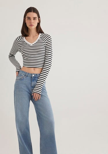  Mavi Uzun Kollu Çizgili Crop Basic Tişört Crop / Kısa Kesim 1613041-85586