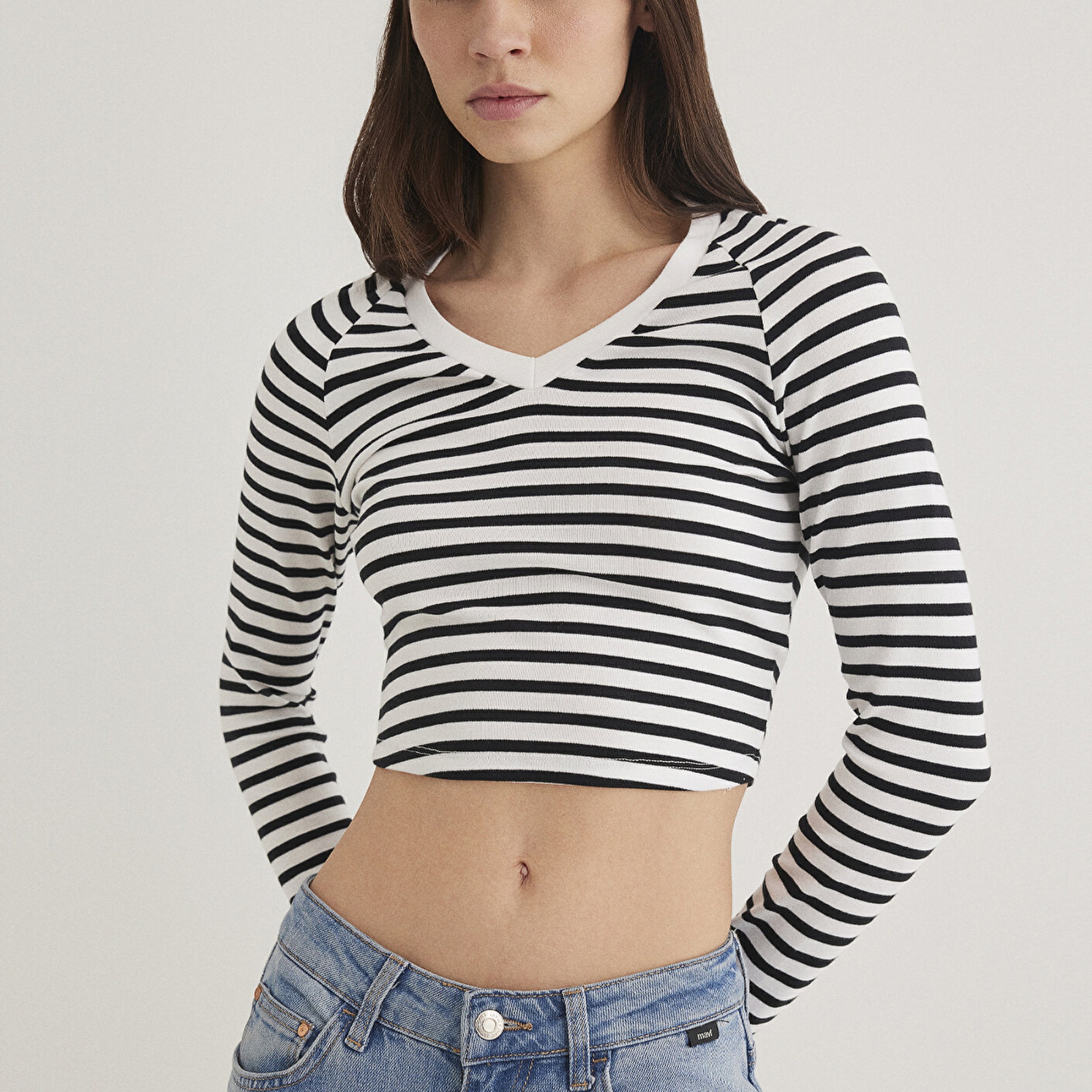 Mavi Uzun Kollu Çizgili Crop Basic Tişört Crop / Kısa Kesim 1613041-85586