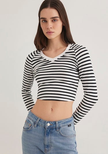  Mavi Uzun Kollu Çizgili Crop Basic Tişört Crop / Kısa Kesim 1613041-85586