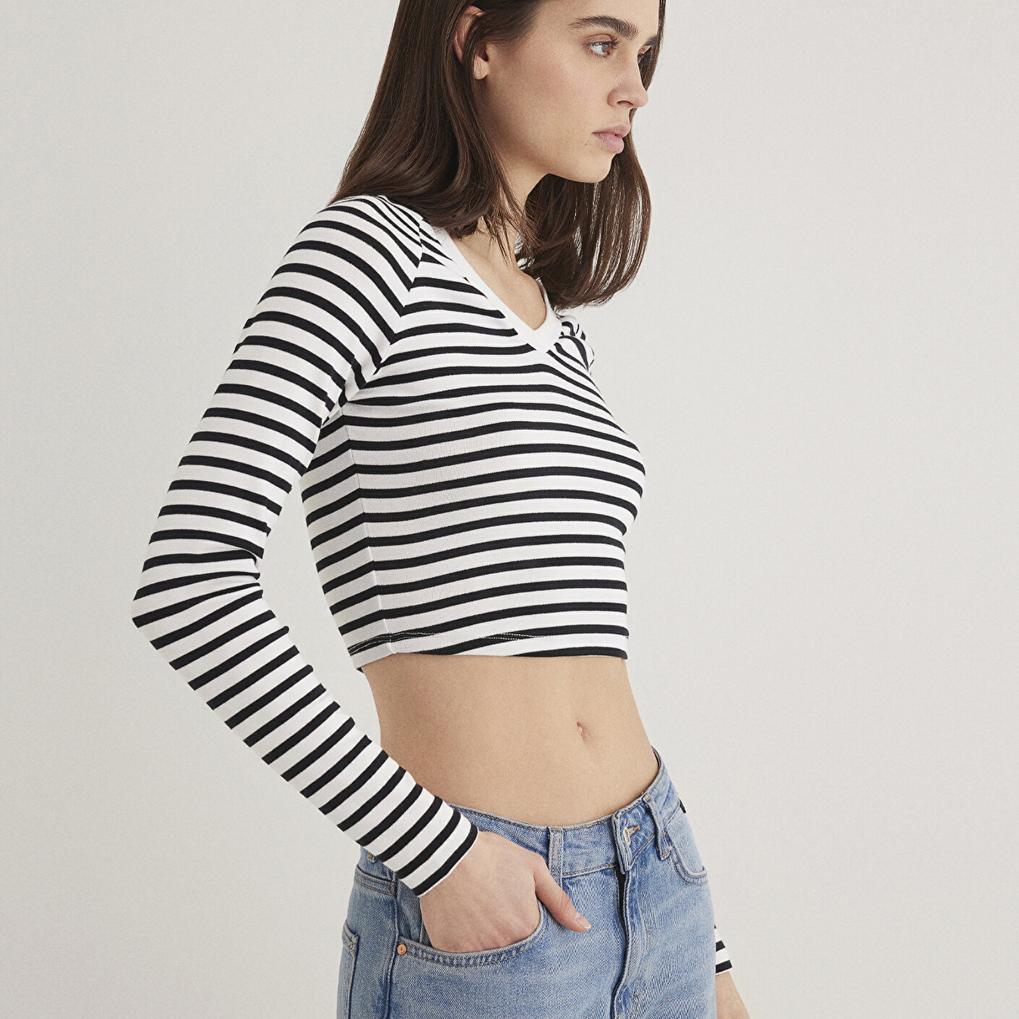 Mavi Uzun Kollu Çizgili Crop Basic Tişört Crop / Kısa Kesim 1613041-85586