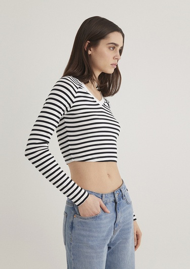  Mavi Uzun Kollu Çizgili Crop Basic Tişört Crop / Kısa Kesim 1613041-85586