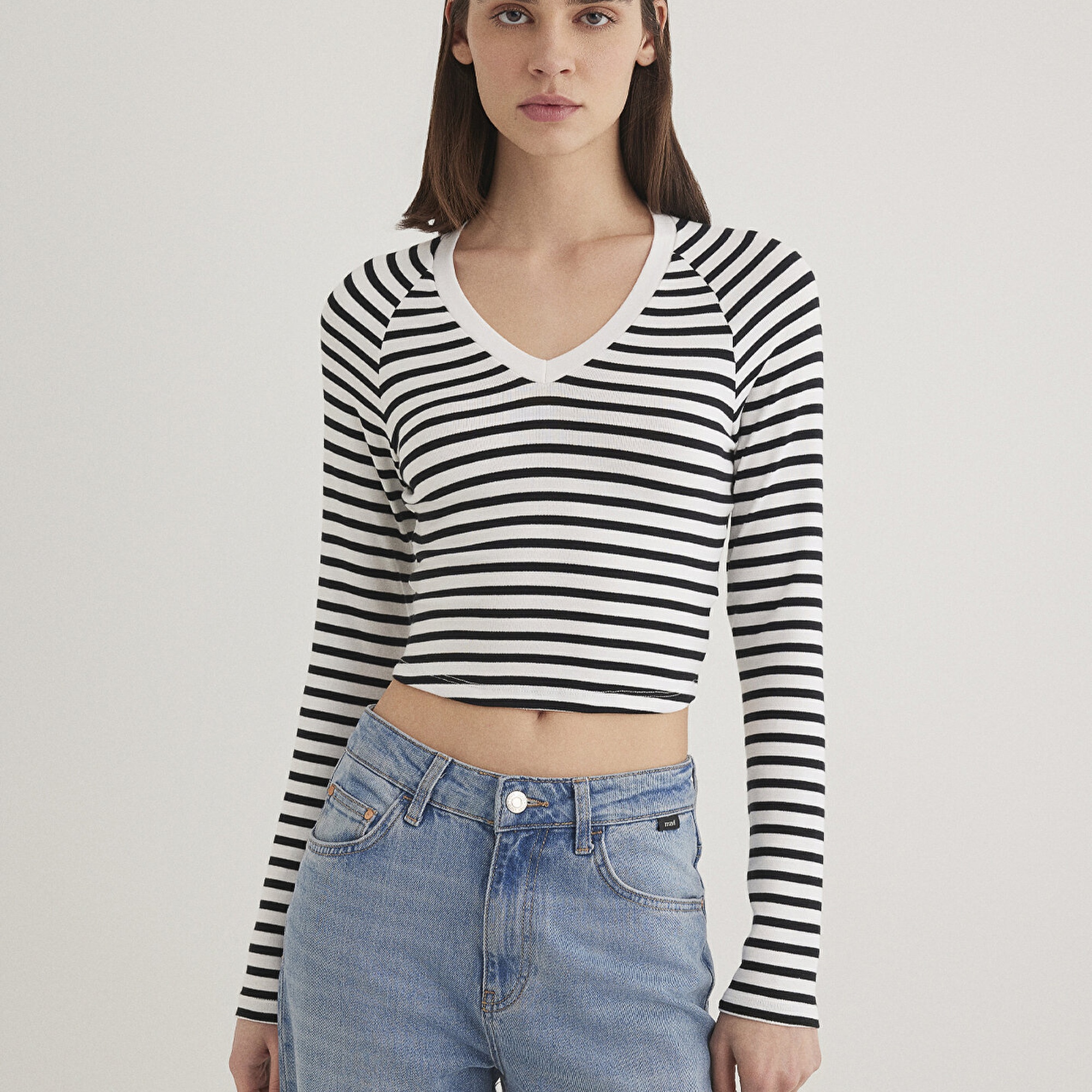 Mavi Uzun Kollu Çizgili Crop Basic Tişört Crop / Kısa Kesim 1613041-85586