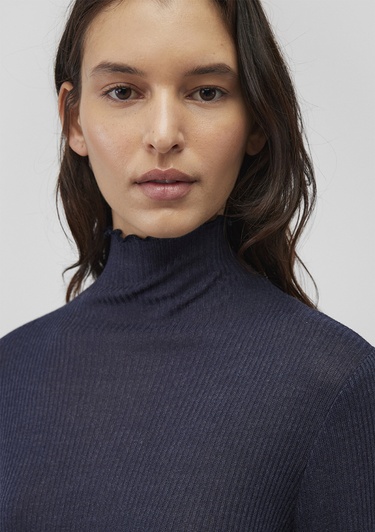  Mavi Dik Yaka Yarı Transparan Lacivert Tişört Fitted / Vücuda Oturan Kesim 1612780-70489