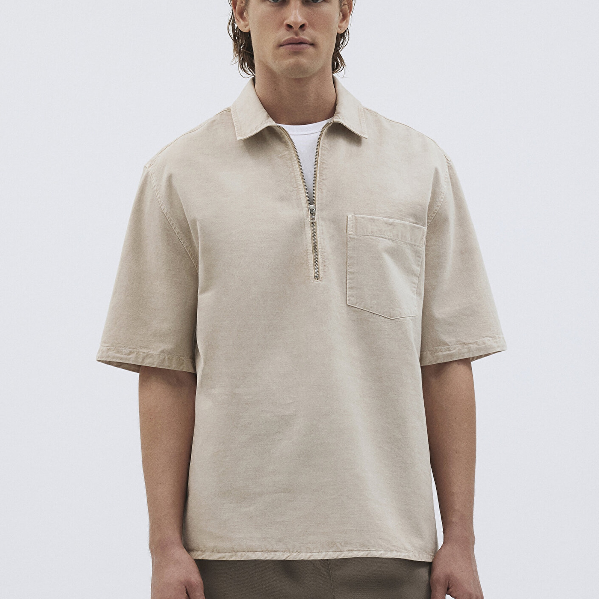 Mavi Keten Karışımlı Yarı Fermuarlı Polo Tişört Loose Fit / Bol Rahat Kesim 0211078-70074