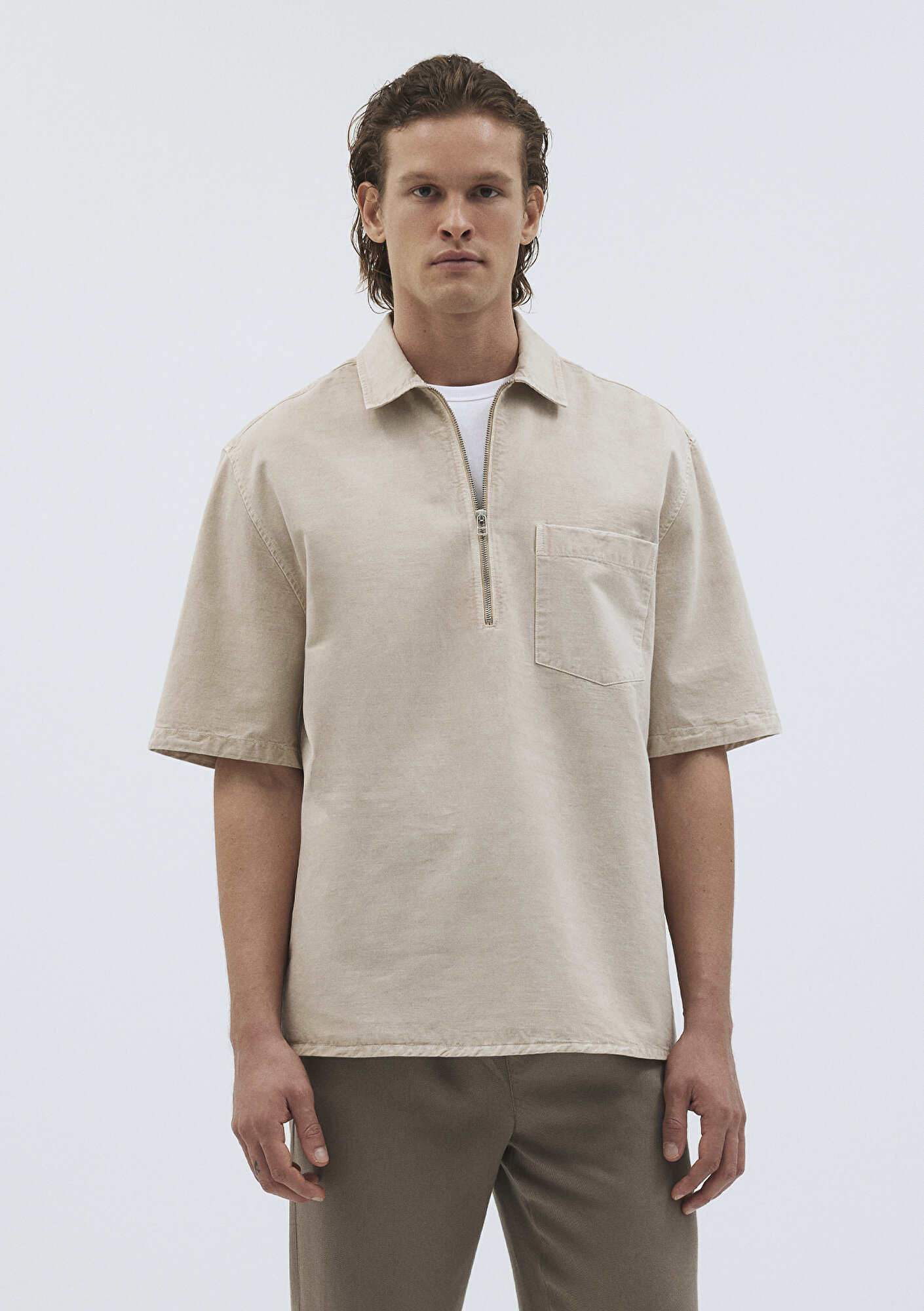  Mavi Keten Karışımlı Yarı Fermuarlı Polo Tişört Loose Fit / Bol Rahat Kesim 0211078-70074