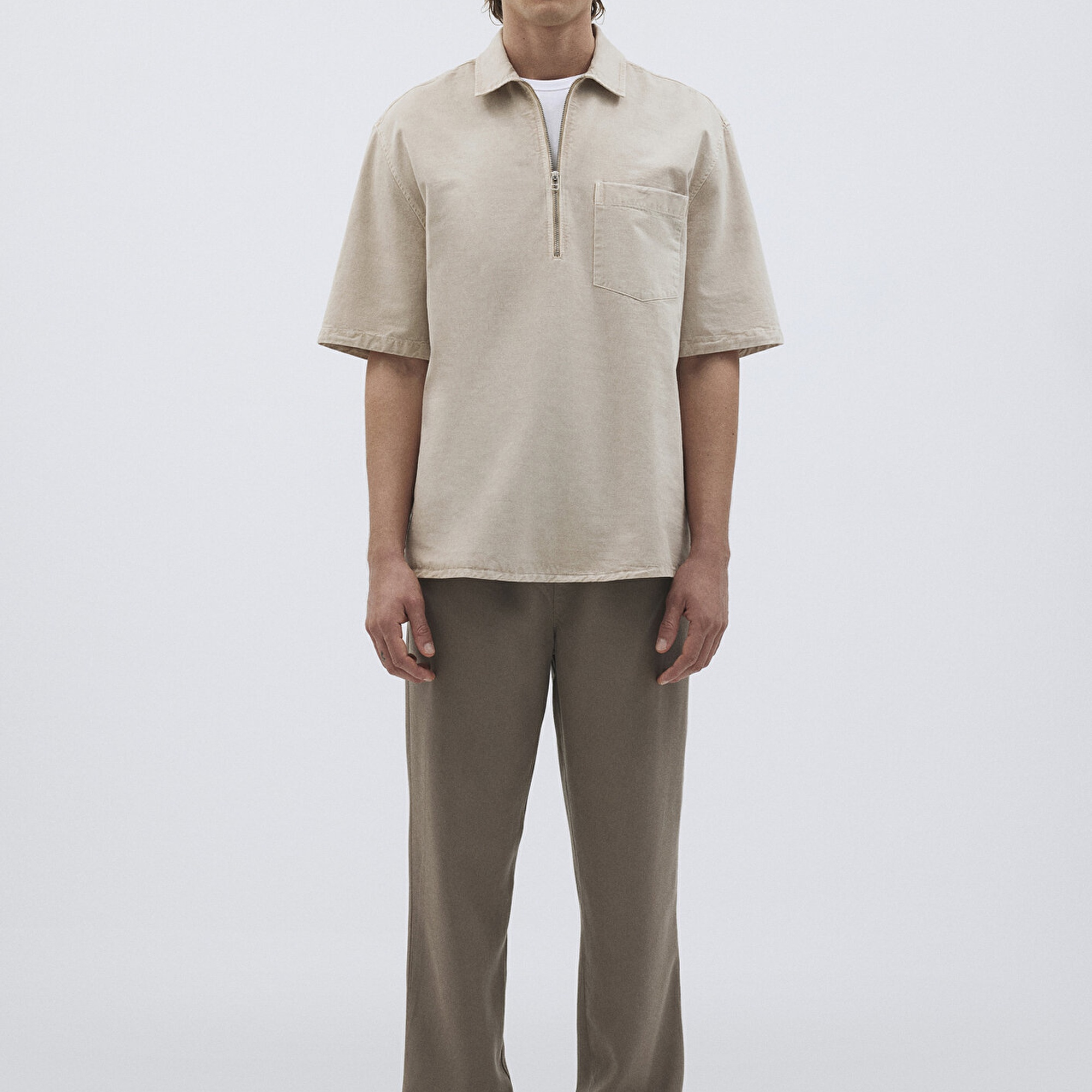 Mavi Keten Karışımlı Yarı Fermuarlı Polo Tişört Loose Fit / Bol Rahat Kesim 0211078-70074