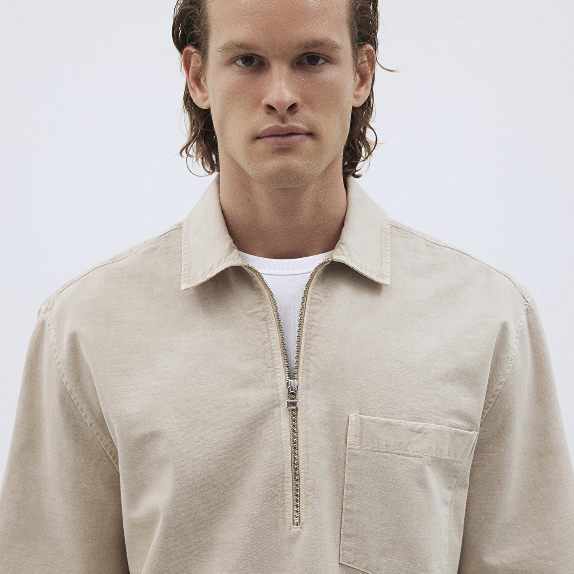 Mavi Keten Karışımlı Yarı Fermuarlı Polo Tişört Loose Fit / Bol Rahat Kesim 0211078-70074