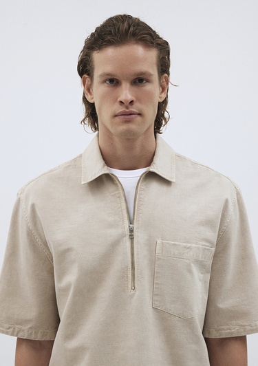  Mavi Keten Karışımlı Yarı Fermuarlı Polo Tişört Loose Fit / Bol Rahat Kesim 0211078-70074