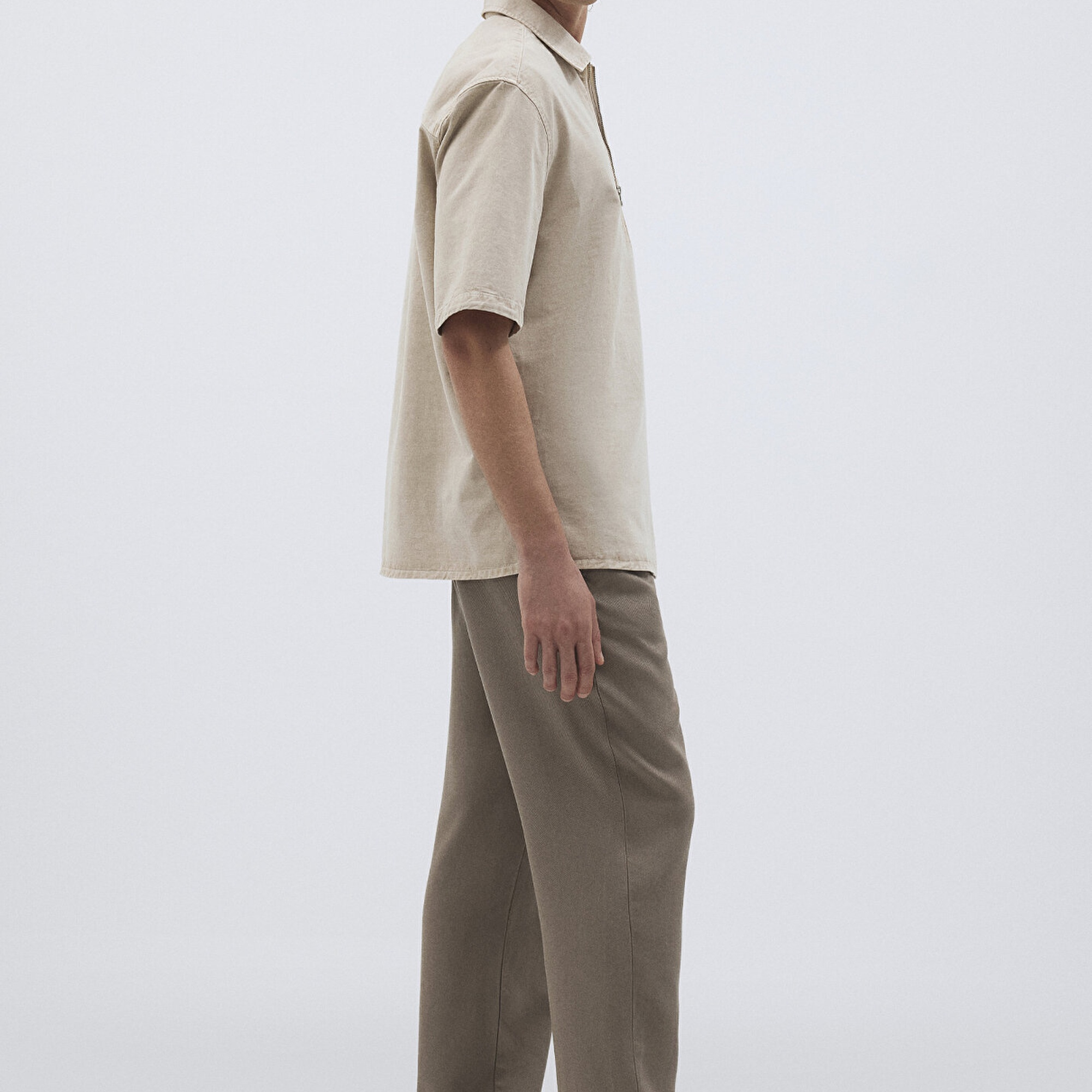 Mavi Keten Karışımlı Yarı Fermuarlı Polo Tişört Loose Fit / Bol Rahat Kesim 0211078-70074