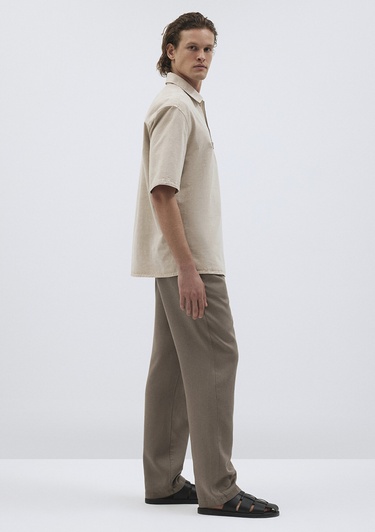  Mavi Keten Karışımlı Yarı Fermuarlı Polo Tişört Loose Fit / Bol Rahat Kesim 0211078-70074