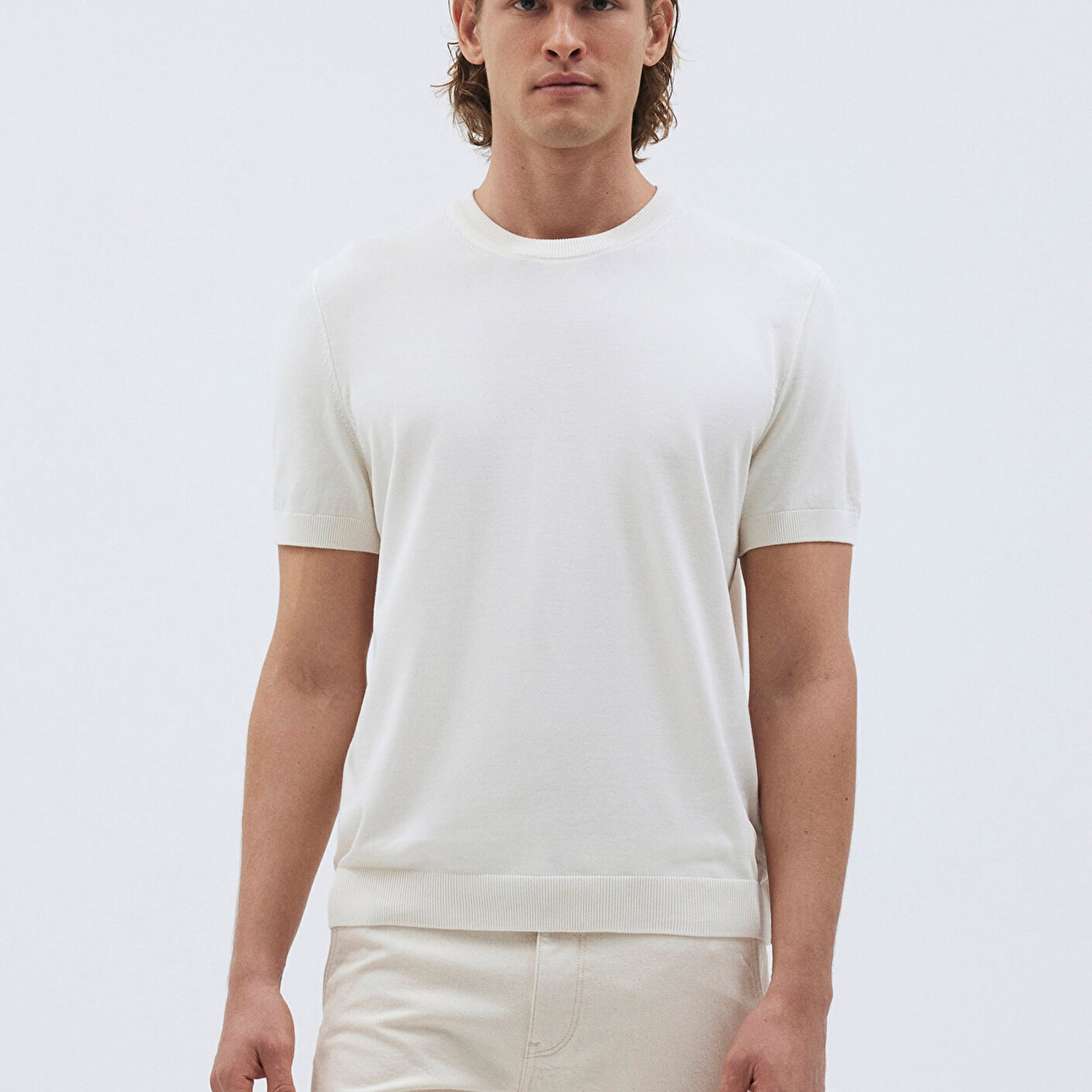 Mavi Ekru Kısa Kollu Kazak Fitted / Vücuda Oturan Kesim 0710250-70058