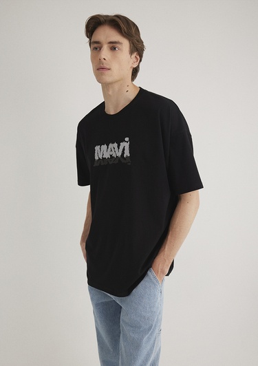  Mavi Mavi Logo Baskılı Siyah Tişört Oversize / Geniş Kesim 0611828-900