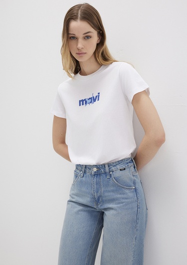  Mavi Mavi Kedi Baskılı Beyaz Tişört Semi Slim Fit / Yarı Dar Kesim 1613287-620