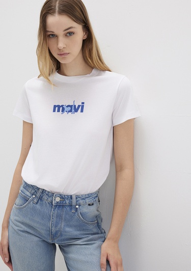  Mavi Mavi Kedi Baskılı Beyaz Tişört Semi Slim Fit / Yarı Dar Kesim 1613287-620