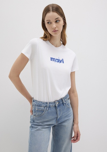  Mavi Mavi Kedi Baskılı Beyaz Tişört Semi Slim Fit / Yarı Dar Kesim 1613287-620