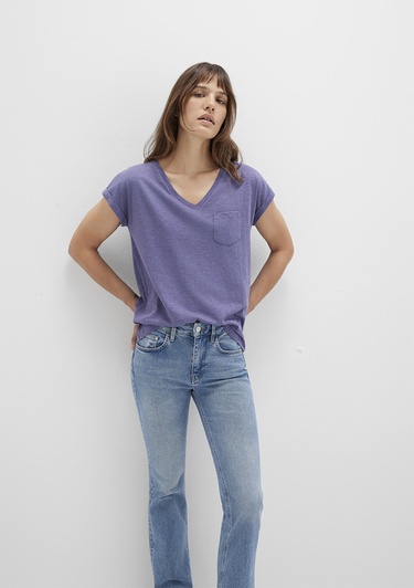  Mavi V Yaka Mor Basic Tişört Loose Fit / Bol Rahat Kesim 1600961-70608