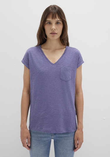  Mavi V Yaka Mor Basic Tişört Loose Fit / Bol Rahat Kesim 1600961-70608