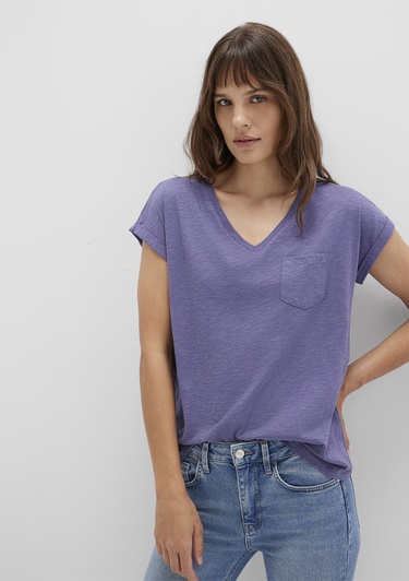  Mavi V Yaka Mor Basic Tişört Loose Fit / Bol Rahat Kesim 1600961-70608