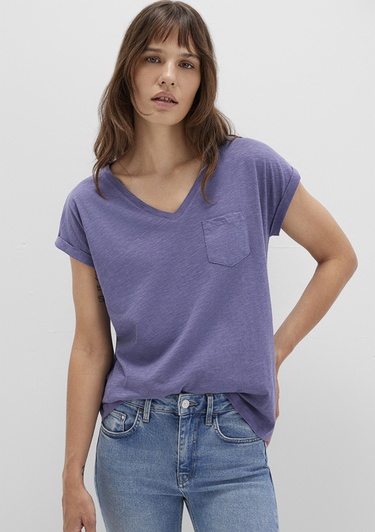  Mavi V Yaka Mor Basic Tişört Loose Fit / Bol Rahat Kesim 1600961-70608