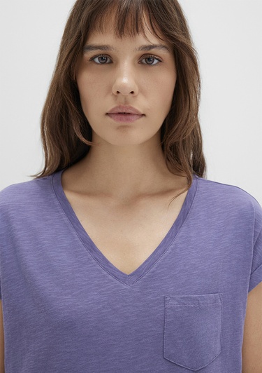  Mavi V Yaka Mor Basic Tişört Loose Fit / Bol Rahat Kesim 1600961-70608