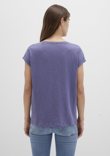  Mavi V Yaka Mor Basic Tişört Loose Fit / Bol Rahat Kesim 1600961-70608