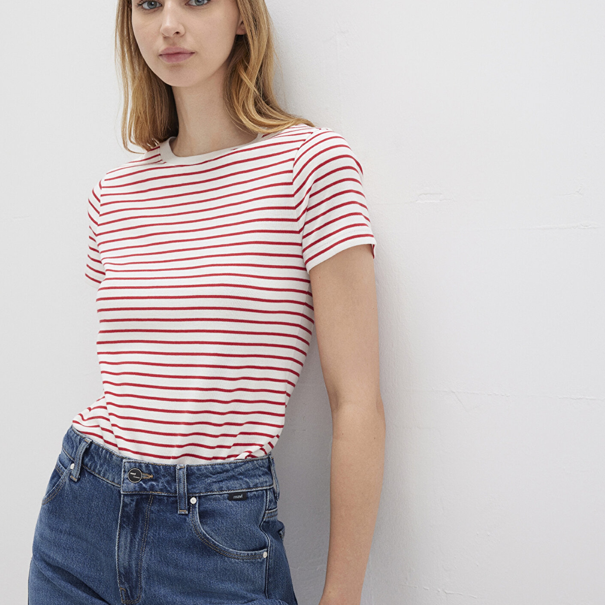 Mavi Bisiklet Yaka Çizgili Kırmızı Tişört Slim Fit / Dar Kesim 1612881-86680