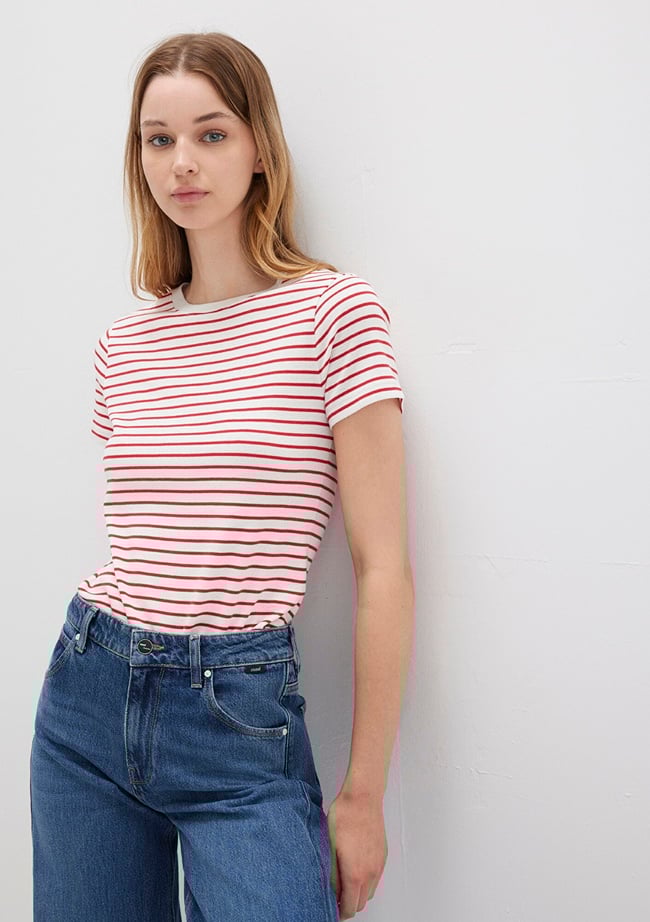  Mavi Bisiklet Yaka Çizgili Kırmızı Tişört Slim Fit / Dar Kesim 1612881-86680